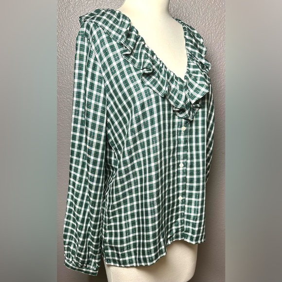 Ann Taylor Blouse Women’s M Green White Metallic Plaid Ruffle Flowy Classic Boho - Picture 6 of 9